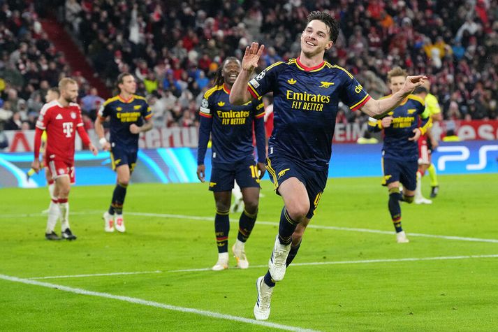 Declan Rice fagnar jöfnunarmarki sínu í kvöld en hann var að skora í fyrsta sinn á útivelli í Meistaradeildinni.