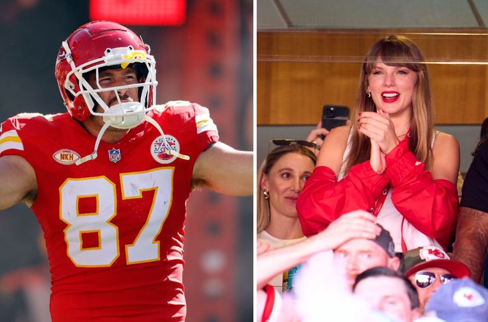 Taylor Swift skemmtilega sér konunglega við að horfa á Travis Kelce og félaga hans í Kansas City Chiefs rústa Chicago Bears á sunnudaginn.