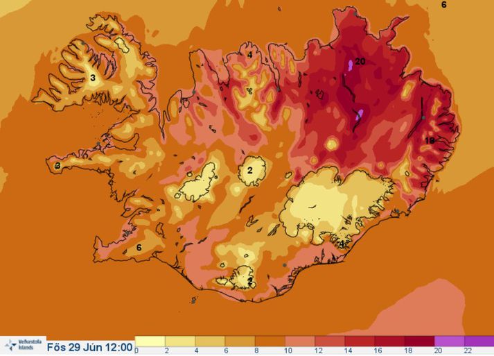 Það er greinilegt að heitast verður á norðausturhorni landsins í dag, ef marka má hitakort Veðurstofunnar.