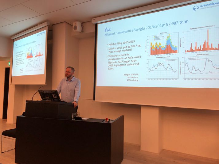 Guðmundur Þórðarson sviðsstjóri botnsjávarsviðs Hafrannsóknarstofnunar á fundinum í morgun.