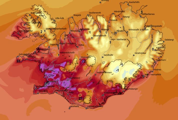 Það verður hlýjast á suðvesturhluta landsins í dag, líkt og sést á hitaspá Veðurstofunnar fyrir daginn. Svona er spáin klukkan 16 í dag.