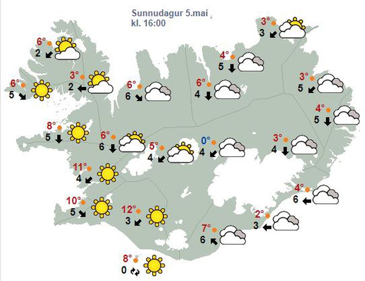 Svona er gert ráð fyrir að veðrið verði á landinu klukkan 16.00 í dag.