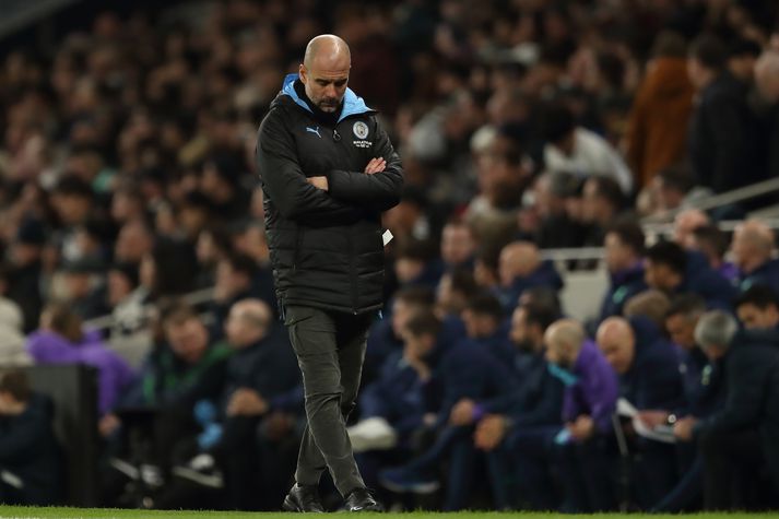 Pep þungt hugsi í 0-2 tapi City gegn Tottenham þann 2. febrúar.