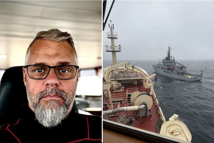Theodór Haraldsson skipstóri á Barða, skipi Síldarvinnslunnar. Færeyska varðskipið Brimil kom Barða til aðstoðar eftir að eldur kviknaði um borð í gær.