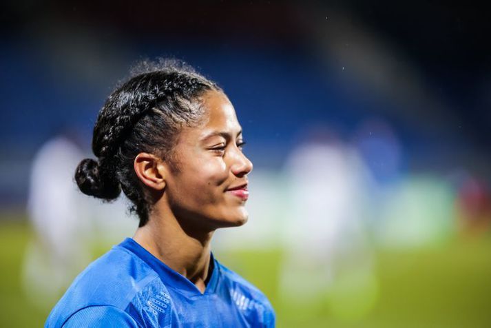 Sveindís Jane Jónsdóttir í síðasta landsleik sínum á Laugardalsvellinum þar sem hún skoraði tvö mörk í sigri á Kýpur.