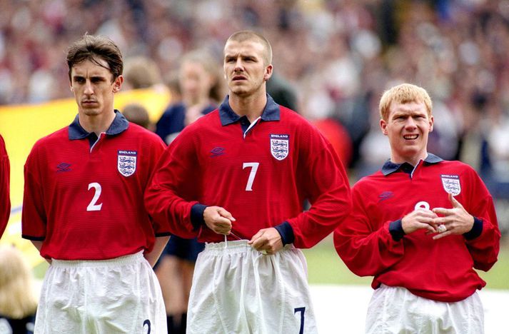 Gary Neville, David Beckham og Paul Scholes voru liðsfélagar í enska landsliðinu og hjá Manchester United.