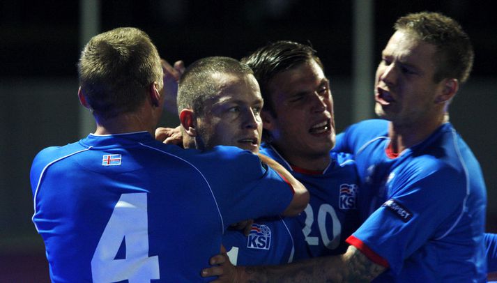 Marki Heiðars gegn Portúgal árið 2010 fagnað.