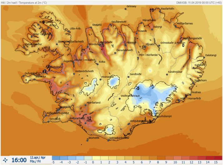 Svona er hitaspáin síðdegis á morgun.