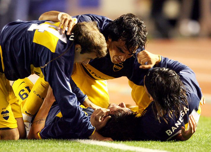 Leikmenn Boca Juniors fagna sigurmarki sínu í morgun.