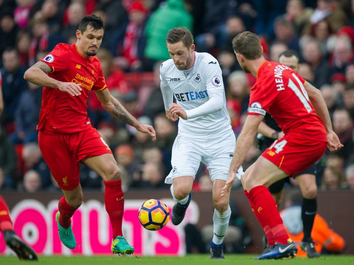 Gylfi Þór Sigurðsson í leik á móti Liverpool í janúar.