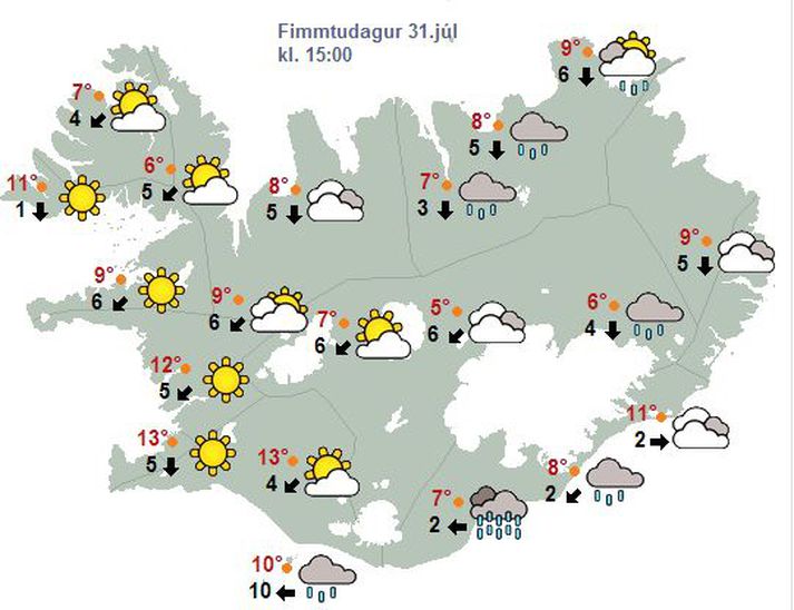 Hér sjáum við veðrið á fimmtudag.