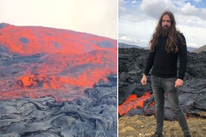 Maðurinn hefur birt myndband frá för sinni upp á gíginn, þar sem hraunið sést renna í átt að honum.