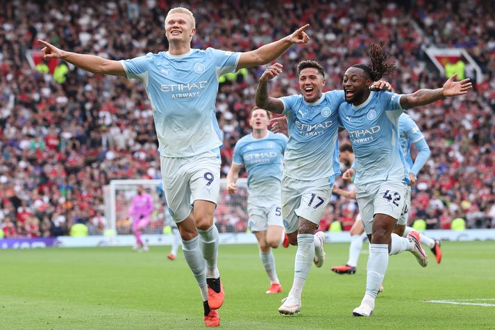 Erling Haaland var hetja Manchester City á Old Trafford í dag.