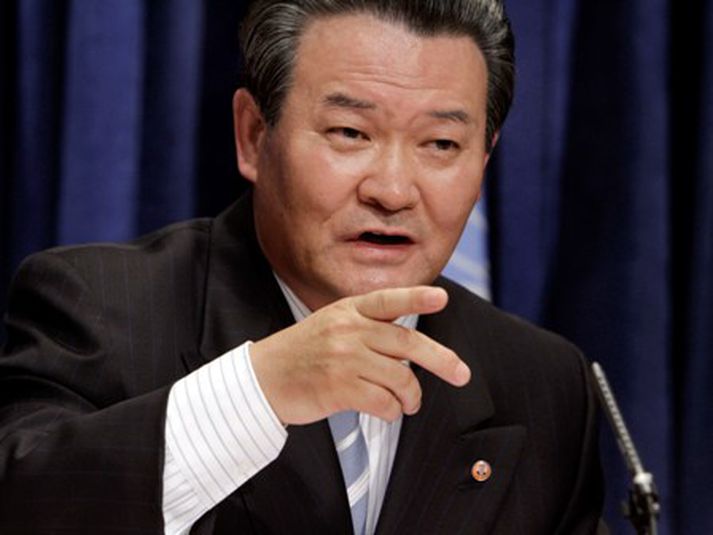 Sendiherra Norður-Kóreu hjá Sameinuðu þjóðunum á blaðamannafundinum.