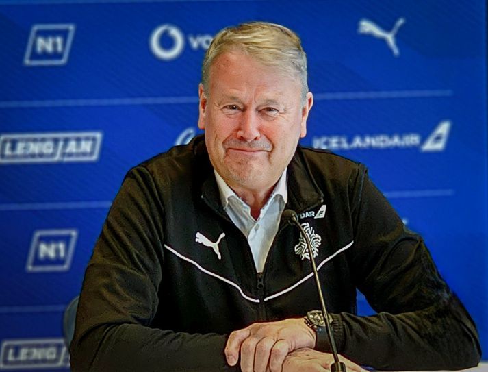 Åge Hareide sat fyrir svörum á blaðamannafundi á Laugardalsvelli í dag, ásamt fyrirliðanum Aroni Einari Gunnarssyni.