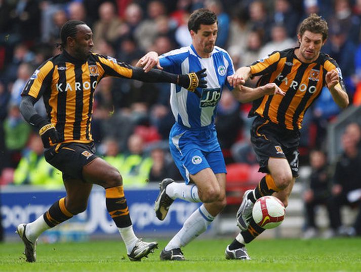 Það var hart barist í leik Wigan og Hull í dag.