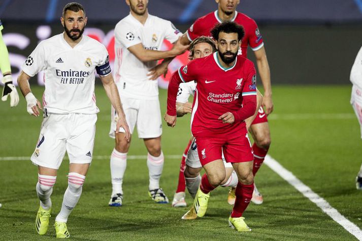 Karim Benzema og Mohamed Salah í Meistaradeildarleik Liverpool og Real Madrid.