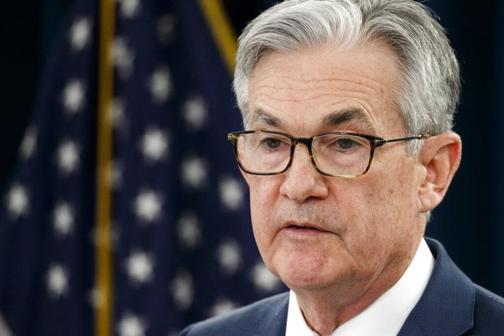 Jerome Powell, seðlabankastjóri Bandaríkjanna, kynnti stýrivaxtalækkunina, á blaðamannafundi í dag.