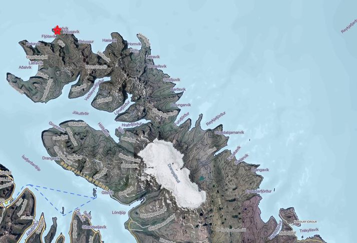 Kögur er merkt hér inn á kortið með rauðri stjörnu en báturinn var í vanda norður af Kögri.