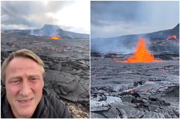 Agnar Guðmundsson var staddur við eldstöðvarnar í Geldingadölum síðdegis þegar kvikan fór að láta aftur á sér kræla.