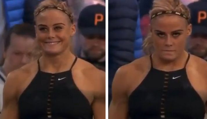 Sara Sigmundsdóttir fyrir og eftir að hún skiptir í keppnisgírinn.