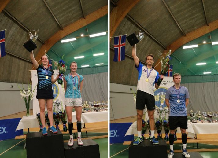 Margrét Jóhannsdóttir hér með bikarinn til vinstri. Kári Gunnarsson með bikarinn til hægri.