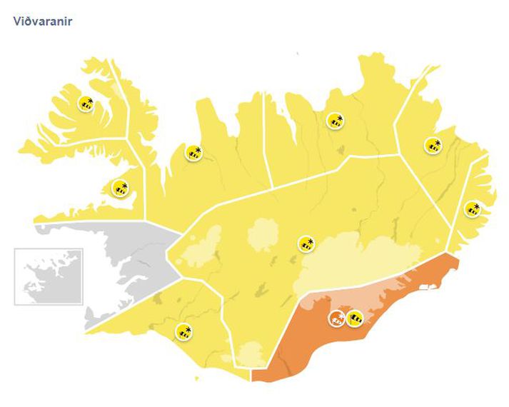 Appelsínugul viðvörun er í gildi á Suðausturlandi milli 17 og 22 í dag.