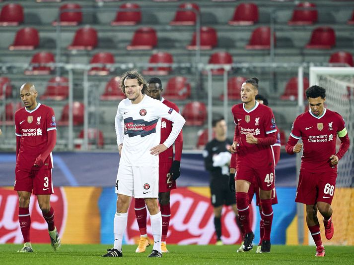 Alexander Scholz í leik með FC Midtjylland gegn Liverpool í Meistaradeild Evrópu veturinn 2020. Átta árum áður lék hann með Stjörnunni hér á landi.