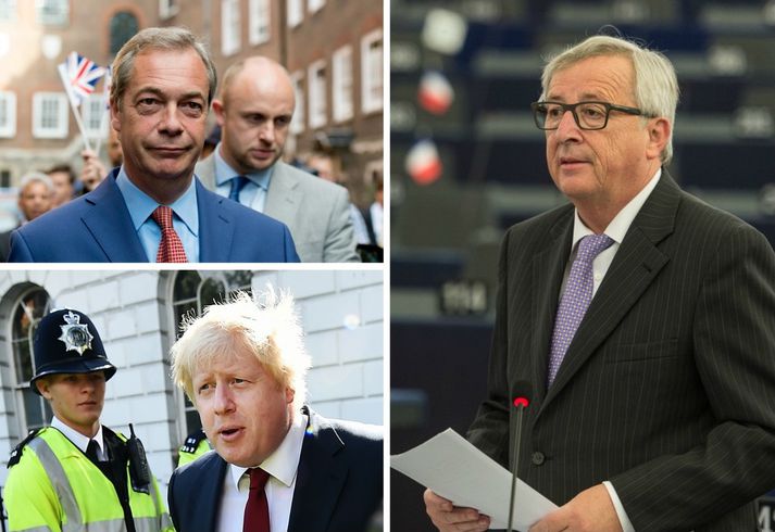Nigel Farge, Boris Johnson og Jean-Claude Juncker.