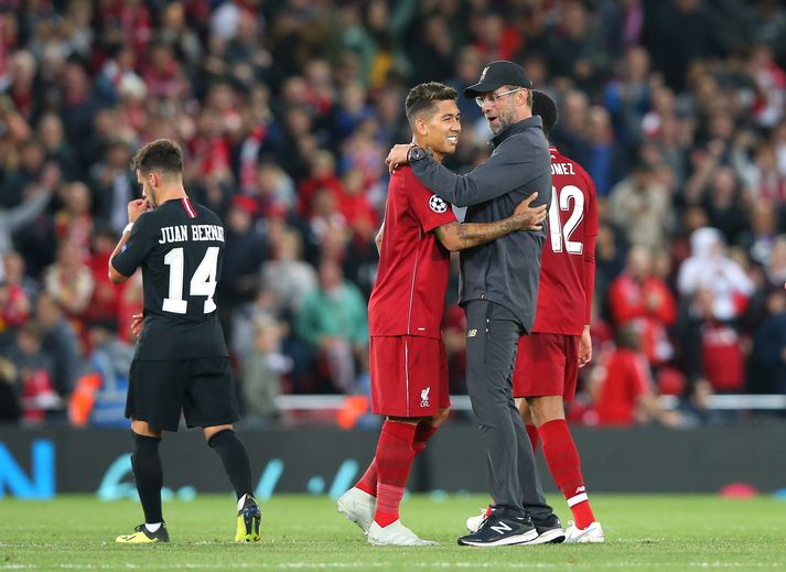 Firmino og Klopp í stuði í kvöld.