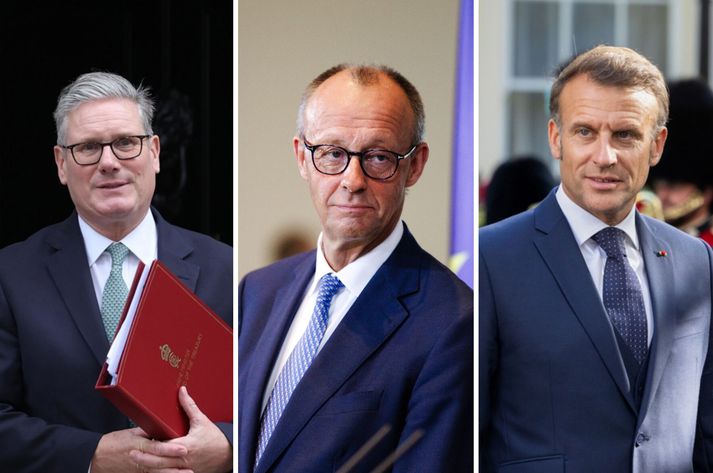 Keir Starmer, forsætisráðherra Bretlands, Friedrich Merz, kanslari Þýskalands og Emmanuel Macron, forseti Frakklands.
