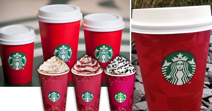 Starbucks bollarnir voru mikið skreyttir áður fyrr eins og sjá má á myndinni en nú eru þeir einungis rauðir.