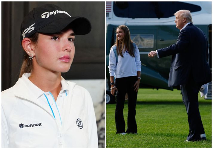 Kai Trump á blaðamannafundinum í gær og svo með afa sínum Donald Trump á leið í forsetaþyrluna.