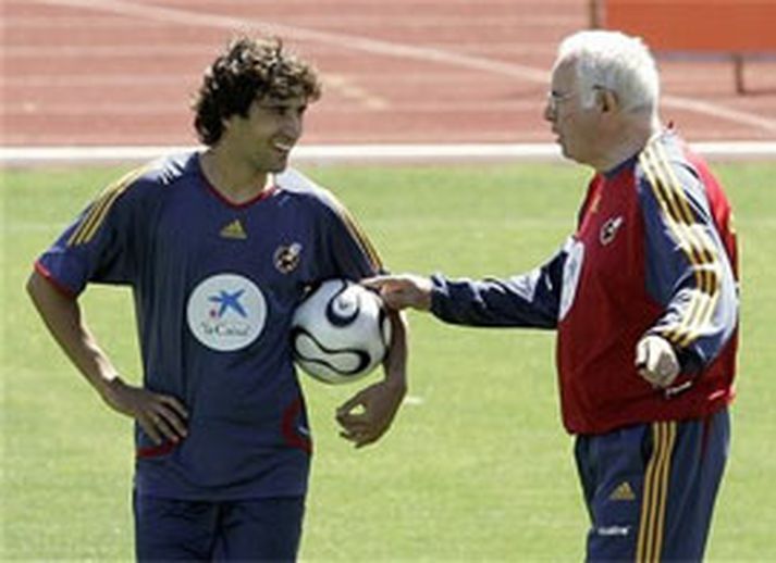 Raul og Luis Aragones þjálfari ræða saman á æfingu
