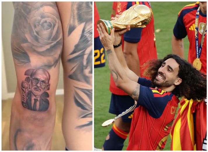Marc Cucurella með heimsbikarinn og svo nýja húðflúrið hans.