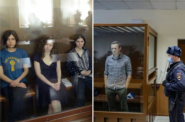 Þrír meðlimir andófssveitarinnar Pussy Riot voru handteknir fyrir gjörning í kirkju í Moskvu en þeim var sleppt úr haldi fyrr. Navalny var ekki svo heppinn.