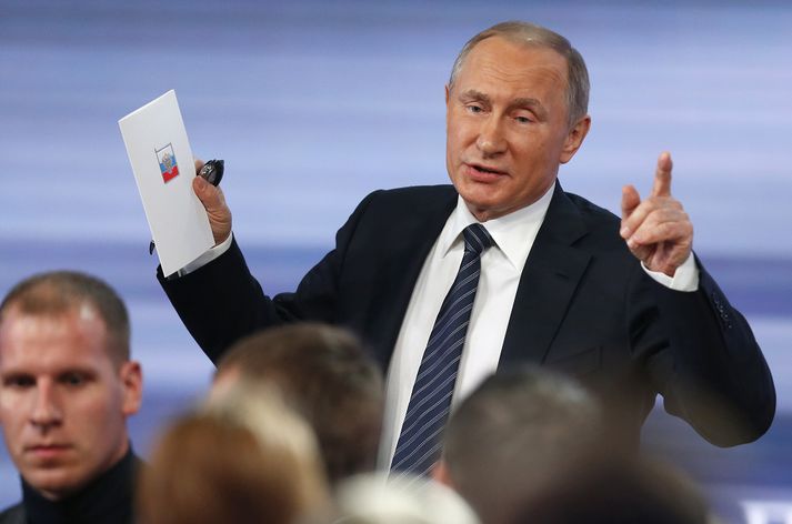 Vladimir Putin, forseti Rússlands, á blaðamannafundinum í dag.