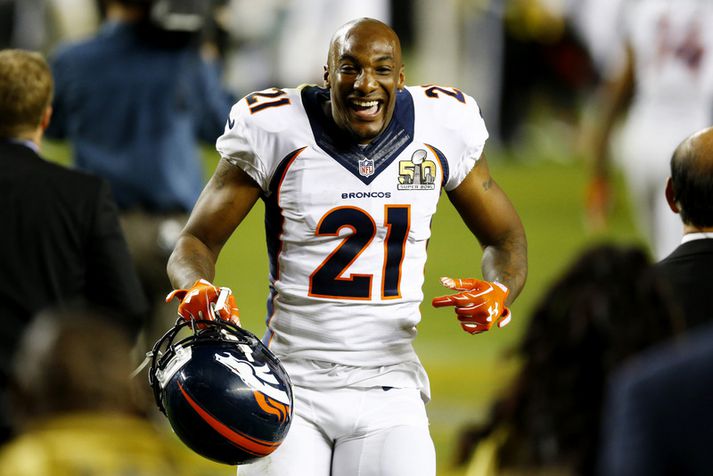 Aqib Talib fagnar sigri í Super Bowl í upphafi ársins.