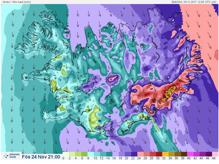 Vindaspá Veðurstofu Íslands klukkan 21 í kvöld.