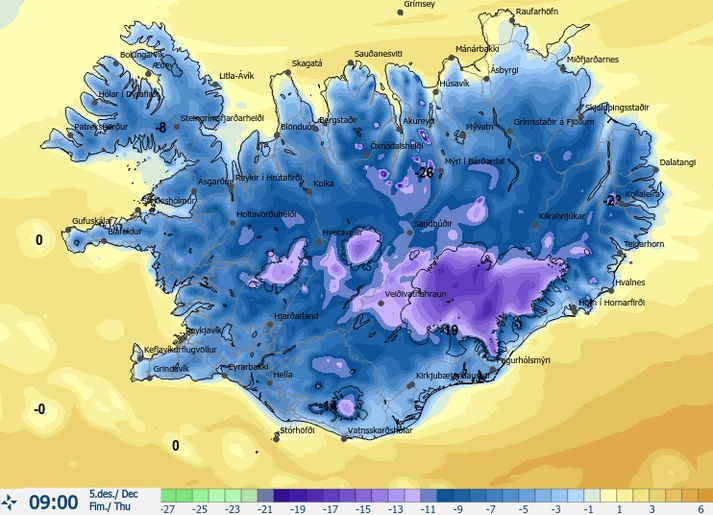 Hitakort Veðurstofunnar sýnir að það er frost á fróni.