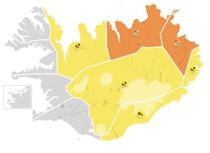 Svona lítur viðvaranakort Veðurstofunnar út sem er í gildi núna.