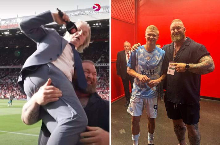 Erling Haaland er ansi smár í samanburði við Hafþór Júlíus Björnsson sem hóf líka Jan Åge Fjørtoft á loft.