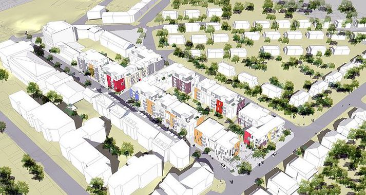 Tillagan gerir ráð fyrir uppbyggingu íbúða á 3 til 5 hæðum á suðurhluta reits, en norðurhlutinn er að mestu óbreyttur. Á suðurhluta er gert ráð fyrir fjölbreyttum gerðum íbúða og bílageymslum á tveimur hæðum í kjallara.mynd/ask arkitektar