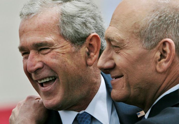 Bush og Olmert féllust í faðma flugvellinum í Tel Aviv í morgun.