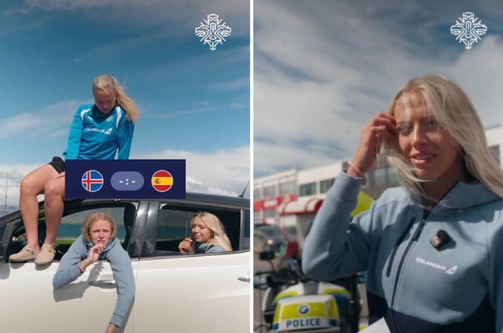 Stelpurnar skelltu sér á rúntinn og gáfu miða á landsleikinn. Ída Marín heilsaði upp á löggu sem ætlar að mæta en kunni ekki við að þiggja frímiða.