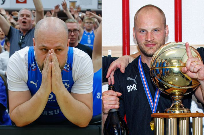 Einar Karl Birgisson, formaður körfuknattleiksdeildar Stjörnunnar (til vinstri / Aðsend ljósmynd: Jóhann Jóhannsson tók) og Baldur Þór Ragnarsson, fyrrverandi þjálfari Stjörnunnar sem gerði liðið að Íslandsmeisturum í fyrsta sinn í sögunni árið 2025.