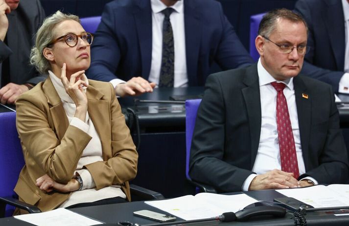 Alice Weidel og Tino Chrupalla, leiðtogar Valkosts fyrir Þýskaland á þýska þinginu. Þingmenn hans hafa lagt fram sextíu prósent allra fyrirspurna þar um öryggismál og þúsundir á sambandslandsþingum um allt land. Andstæðingar flokksins ýja að því að með því reyni AfD að afla upplýsinga fyrir bandamenn sína í Kreml.