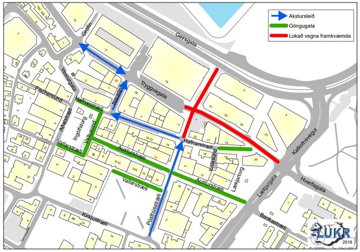 Á myndinni má sjá akstursleiðir í miðbænum á næstunni.