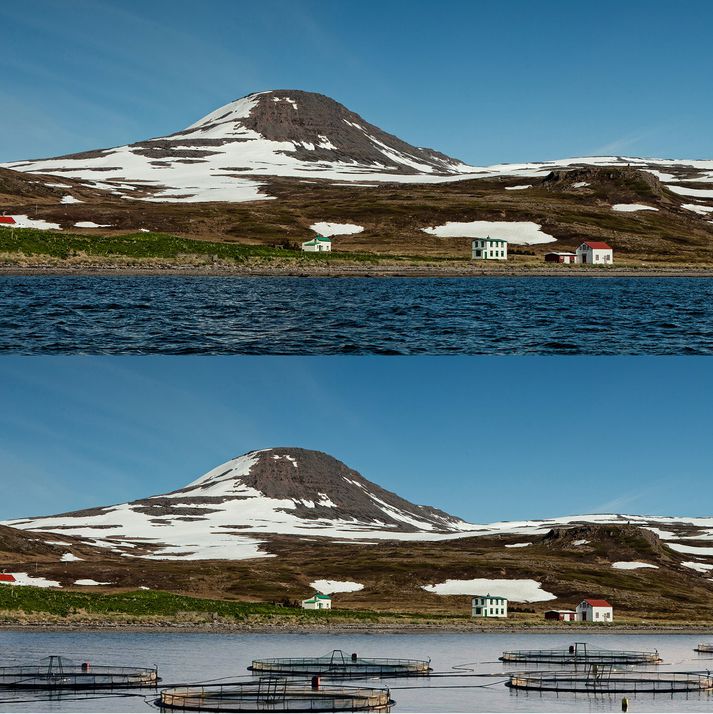 Myndin sýnir Hesteyrarfjörð í Jökulfjörðum á norðanverðum Vestfjörðum, og mögulega framtíðarsýn ef þar kæmu sjókvíar sem eru bæði sjón- og umhverfismengandi að mati IWF.