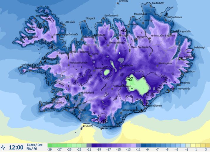 Spáð er ansi lágum hitatölum á landinu strax á morgun, föstudag.